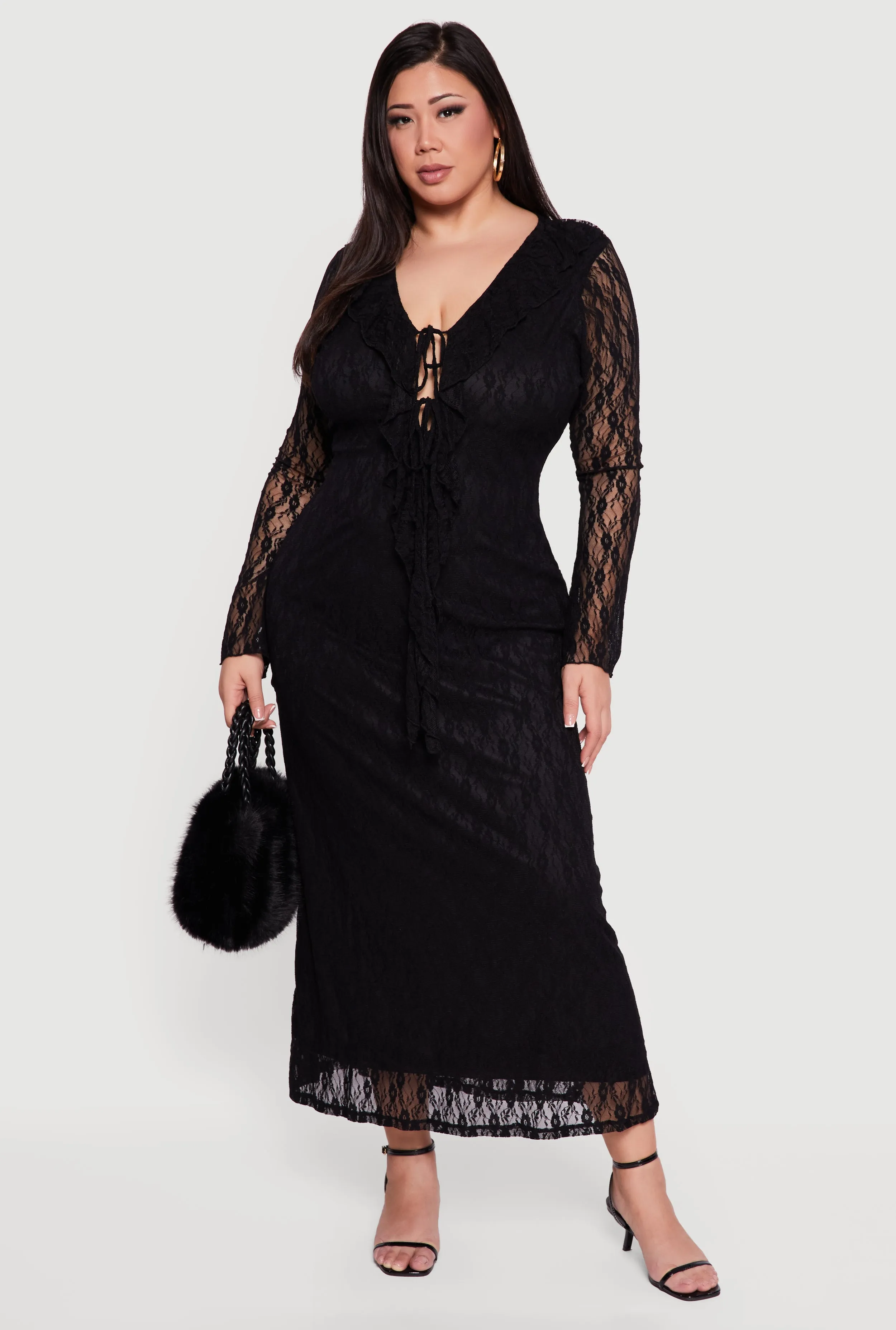 Plus Size Long Sleeve Lace Maxi Dress with Tie Front sold by Rainbow