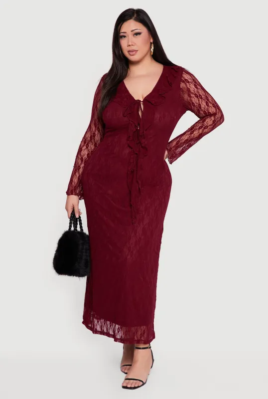 Plus Size Long Sleeve Lace Maxi Dress with Tie Front sold by Rainbow
