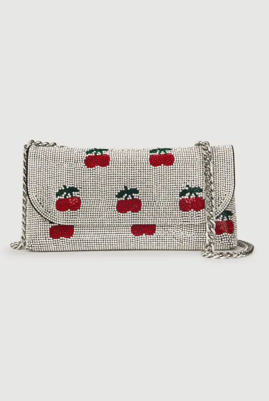 Cherry Rhinestone Clutch with Removable Chain Strap sold by Rainbow