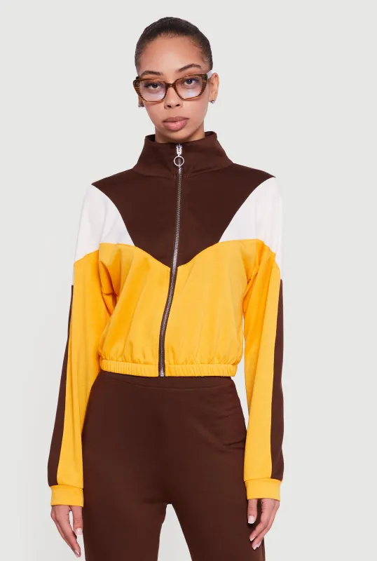 Color Block Long Sleeve Mock Neck Zip Front Top sold by Rainbow