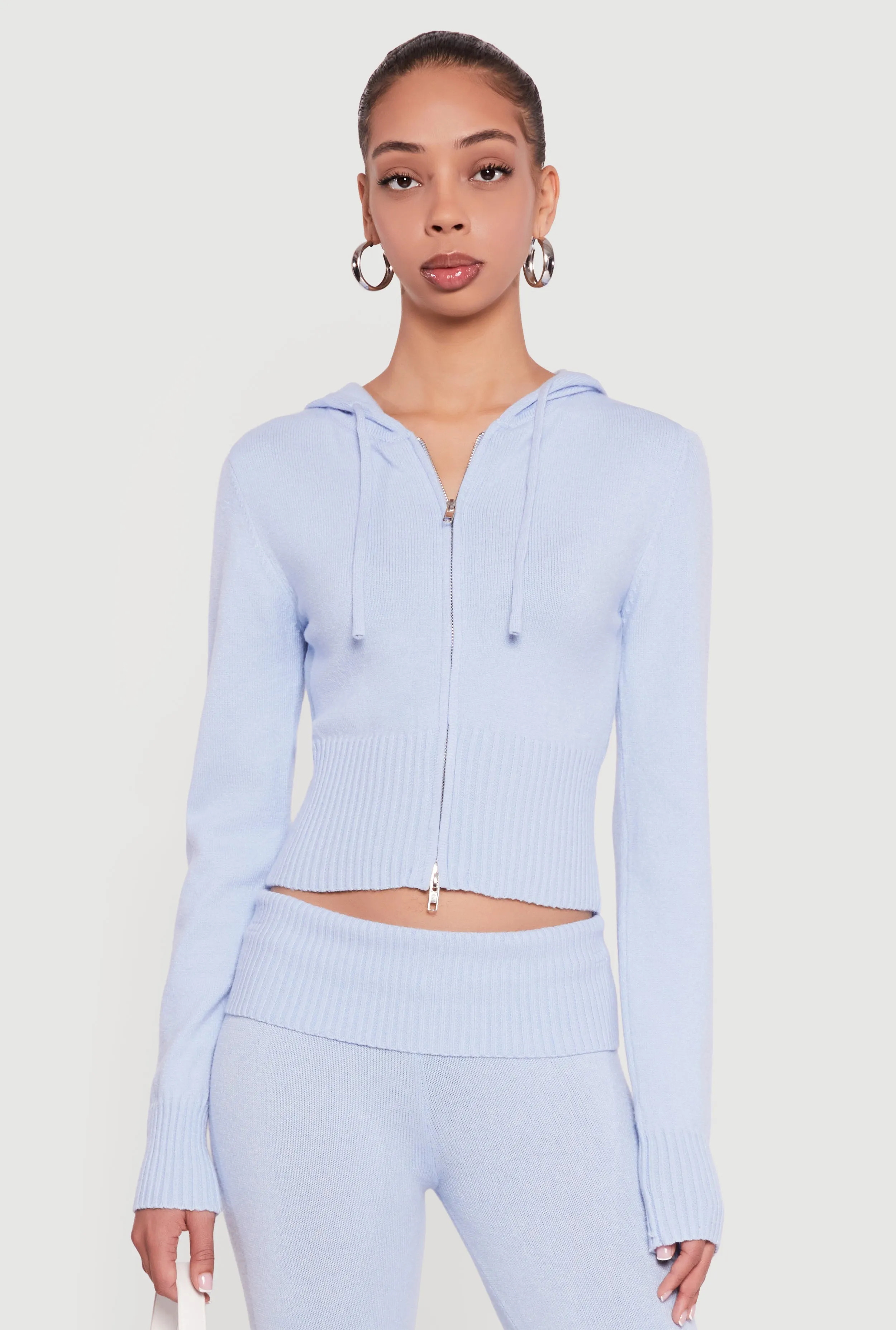 Cropped Ribbed Knit Zip Front Hooded Cardigan sold by Rainbow product image thumbnail 3