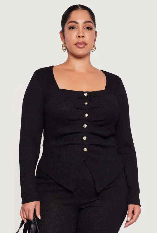 Plus Size Textured Knit Ruched Square Neck Blouse sold by Rainbow