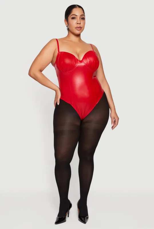 Plus Size Faux Leather Ruched Corset Bodysuit sold by Rainbow