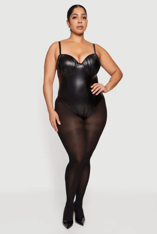 Plus Size Faux Leather Ruched Corset Bodysuit sold by Rainbow