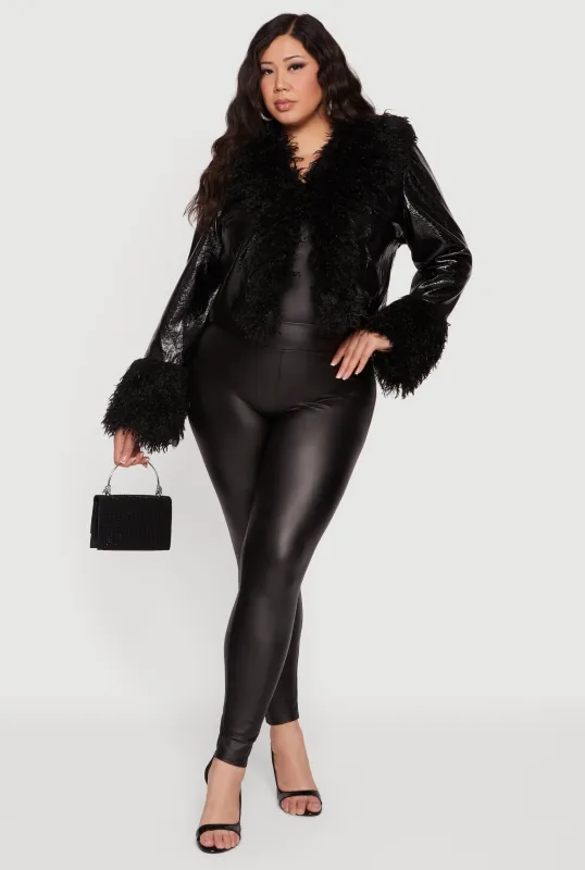 Plus Size Faux Fur Trim Cropped Faux Leather Jacket sold by Rainbow