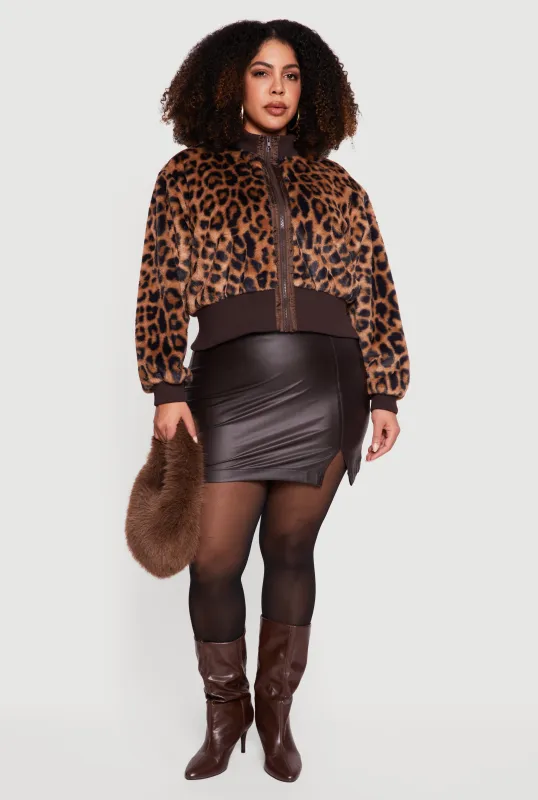 Plus Size Faux Fur Zip Front Leopard Print Jacket sold by Rainbow