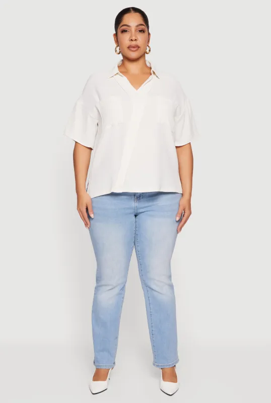 Plus Size Puff Sleeve Collared Blouse sold by Rainbow