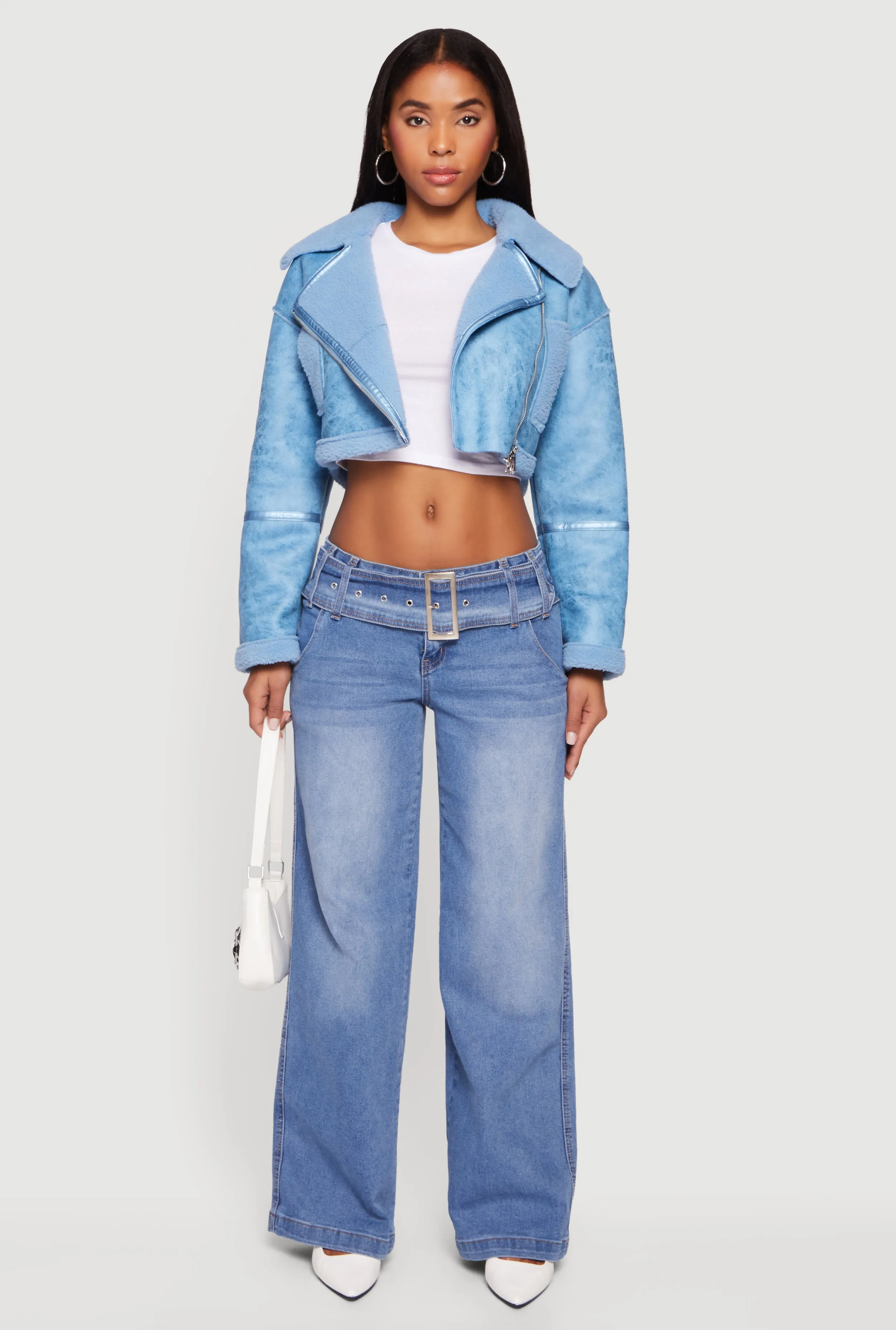 Faux Suede Sherpa Lined Cropped Moto Jacket sold by Rainbow product image thumbnail 2