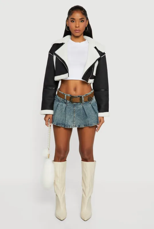 Faux Suede Sherpa Lined Cropped Moto Jacket sold by Rainbow