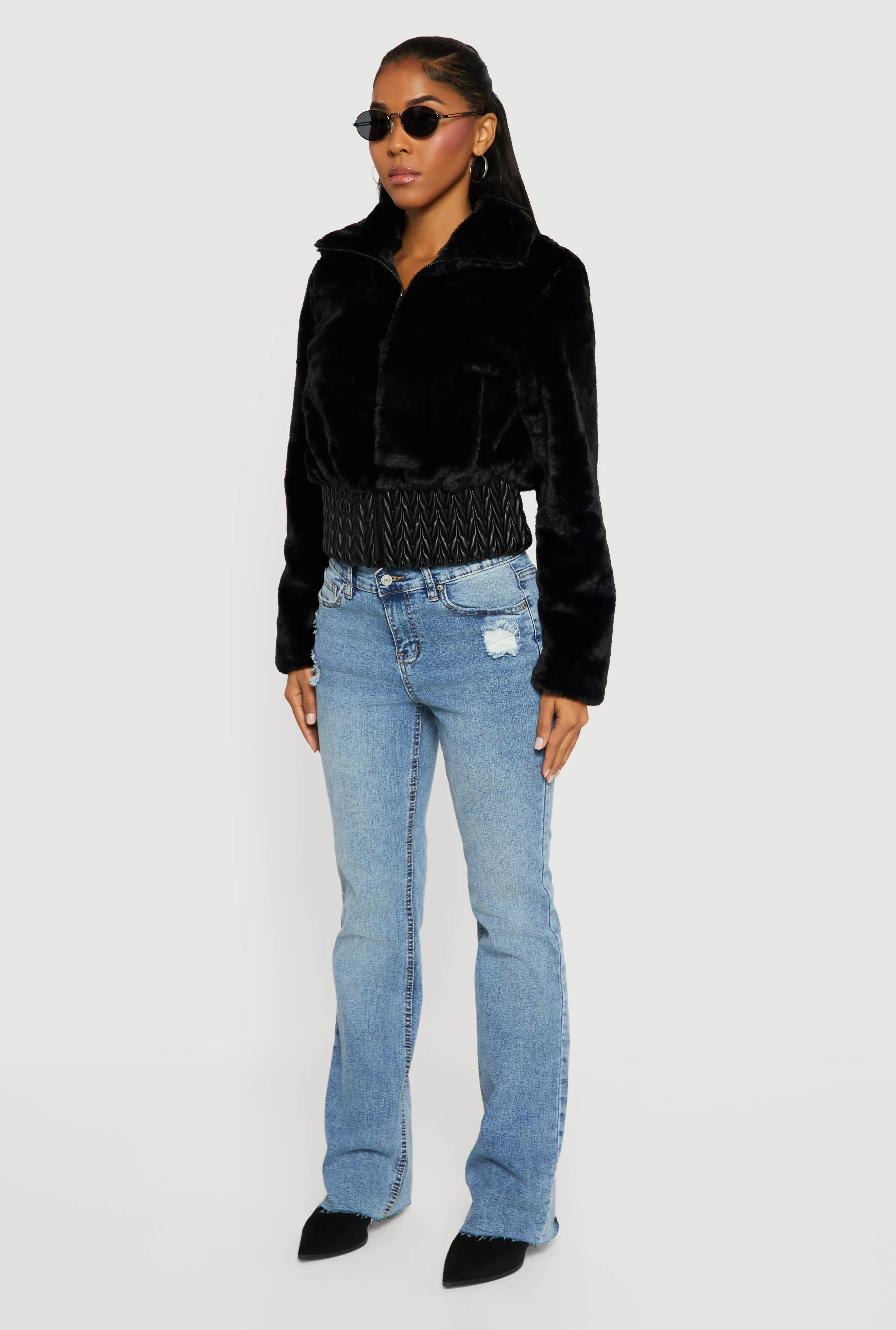 Faux Leather Chevron Trim Zip Front Faux Fur Jacket sold by Rainbow product image thumbnail 5