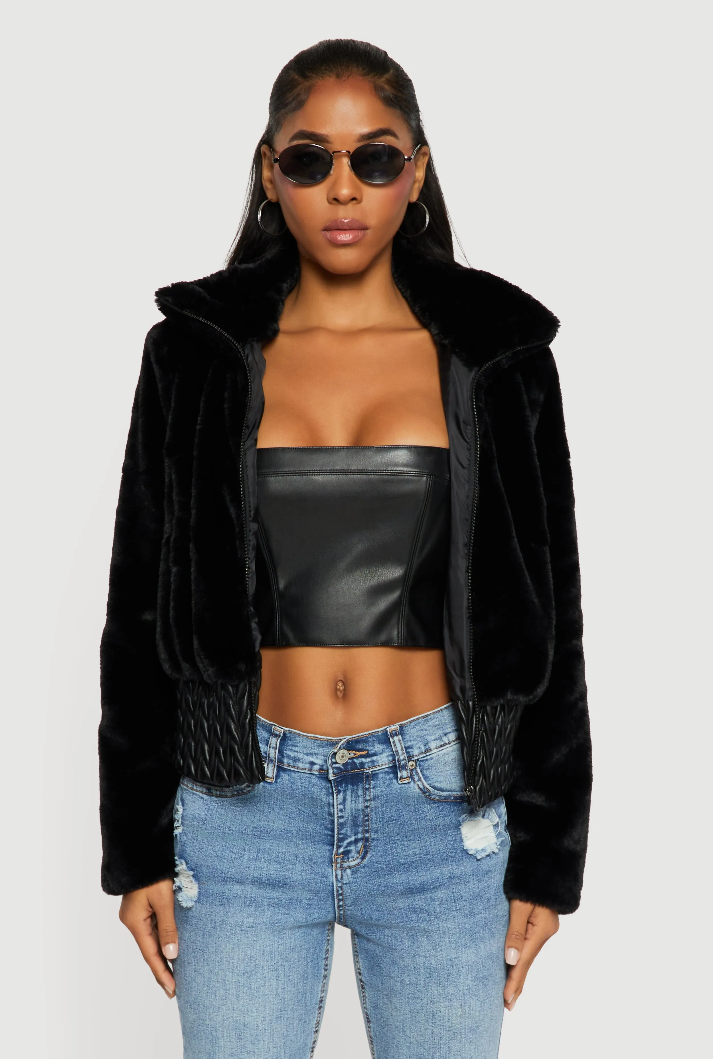 Faux Leather Chevron Trim Zip Front Faux Fur Jacket sold by Rainbow product image thumbnail 2