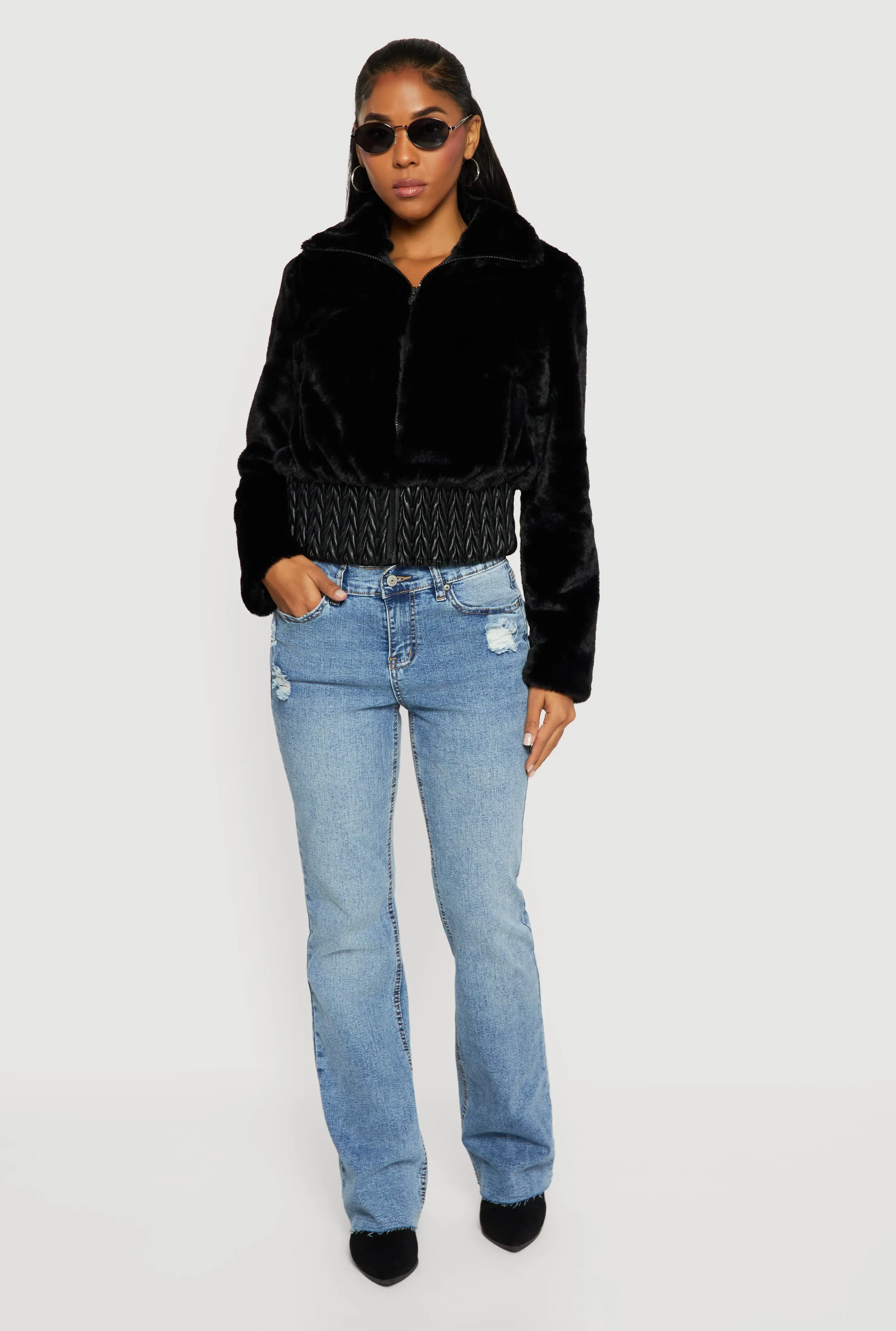 Faux Leather Chevron Trim Zip Front Faux Fur Jacket sold by Rainbow product image thumbnail 3