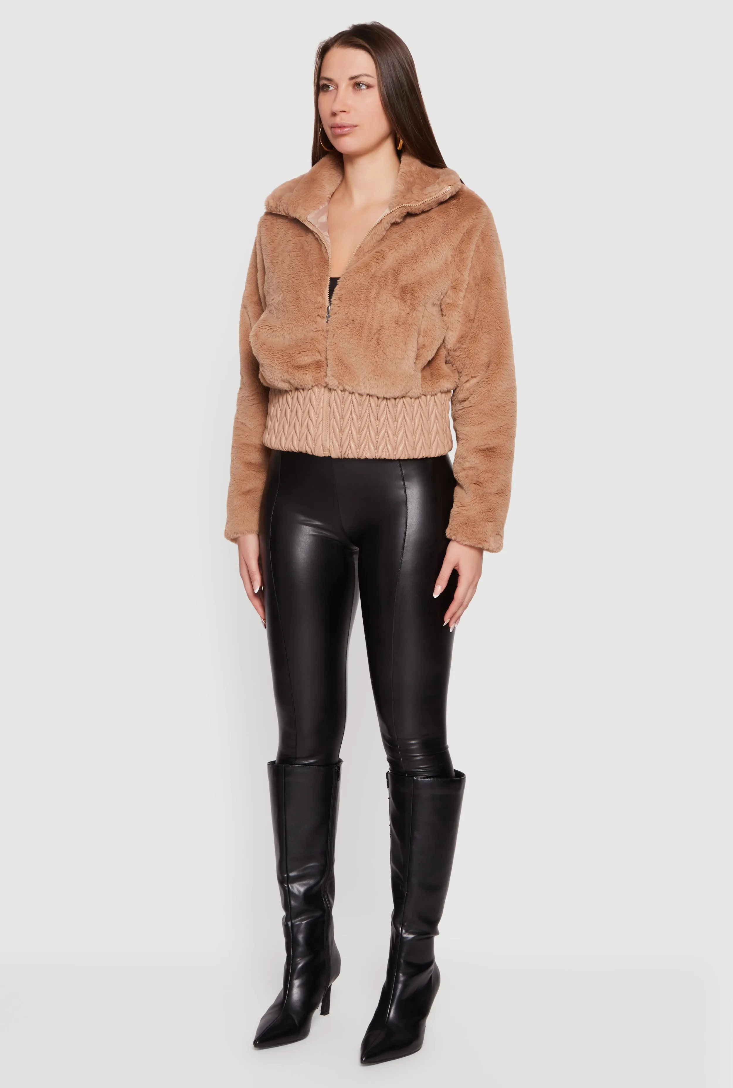 Faux Leather Chevron Trim Zip Front Faux Fur Jacket sold by Rainbow product image thumbnail 5