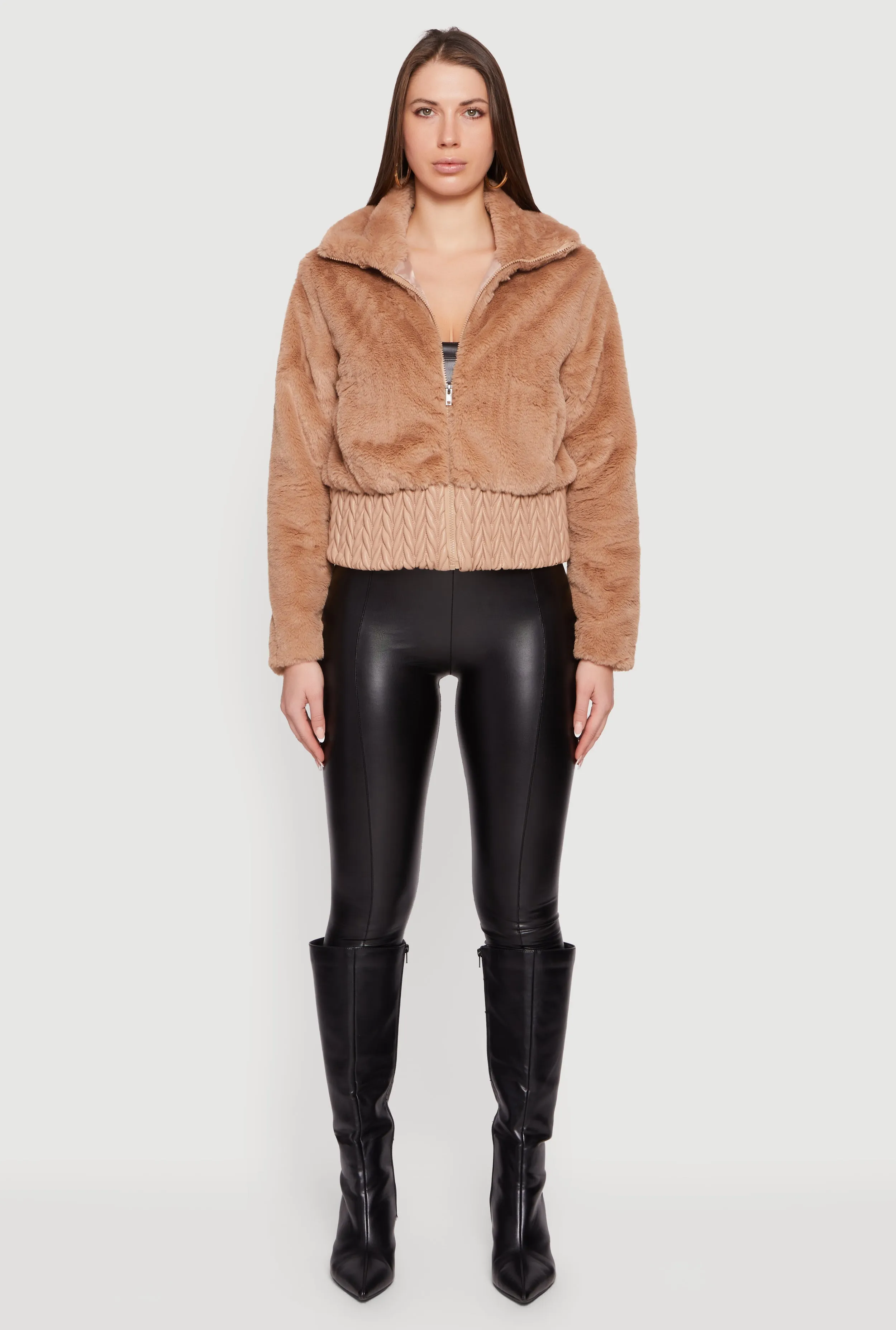 Faux Leather Chevron Trim Zip Front Faux Fur Jacket sold by Rainbow product image thumbnail 3