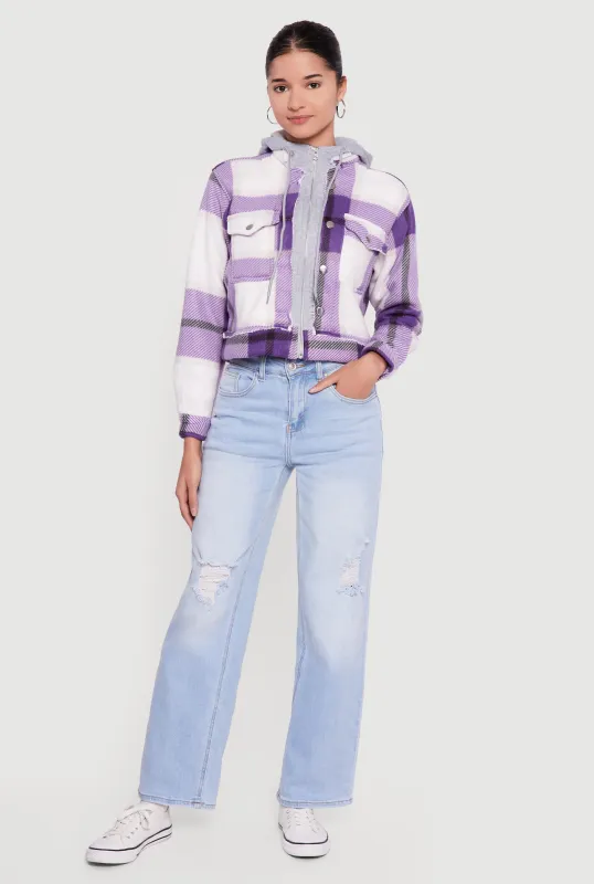 Plaid Zip Front Cropped Hooded Sherpa Shacket sold by Rainbow