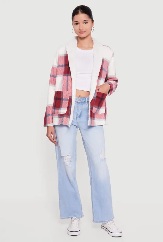 Plaid Sherpa Lined Open Front Shacket sold by Rainbow
