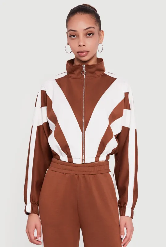 Color Block Scuba Cropped Mock Neck Zip Front Top sold by Rainbow