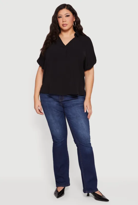 Plus Size Crepe Knit Collared Faux Button Back Blouse made by Rainbow