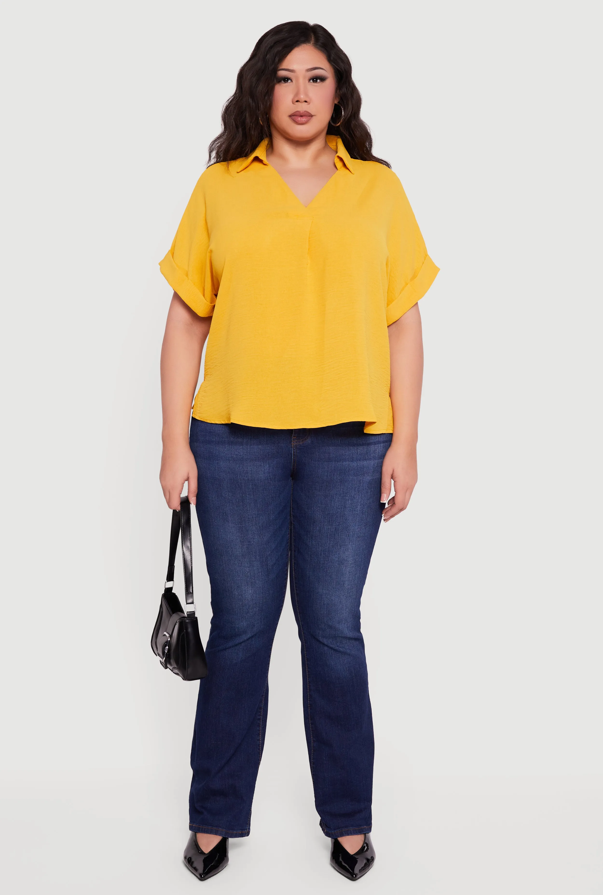 Plus Size Crepe Knit Collared Faux Button Back Blouse sold by Rainbow product image thumbnail 3