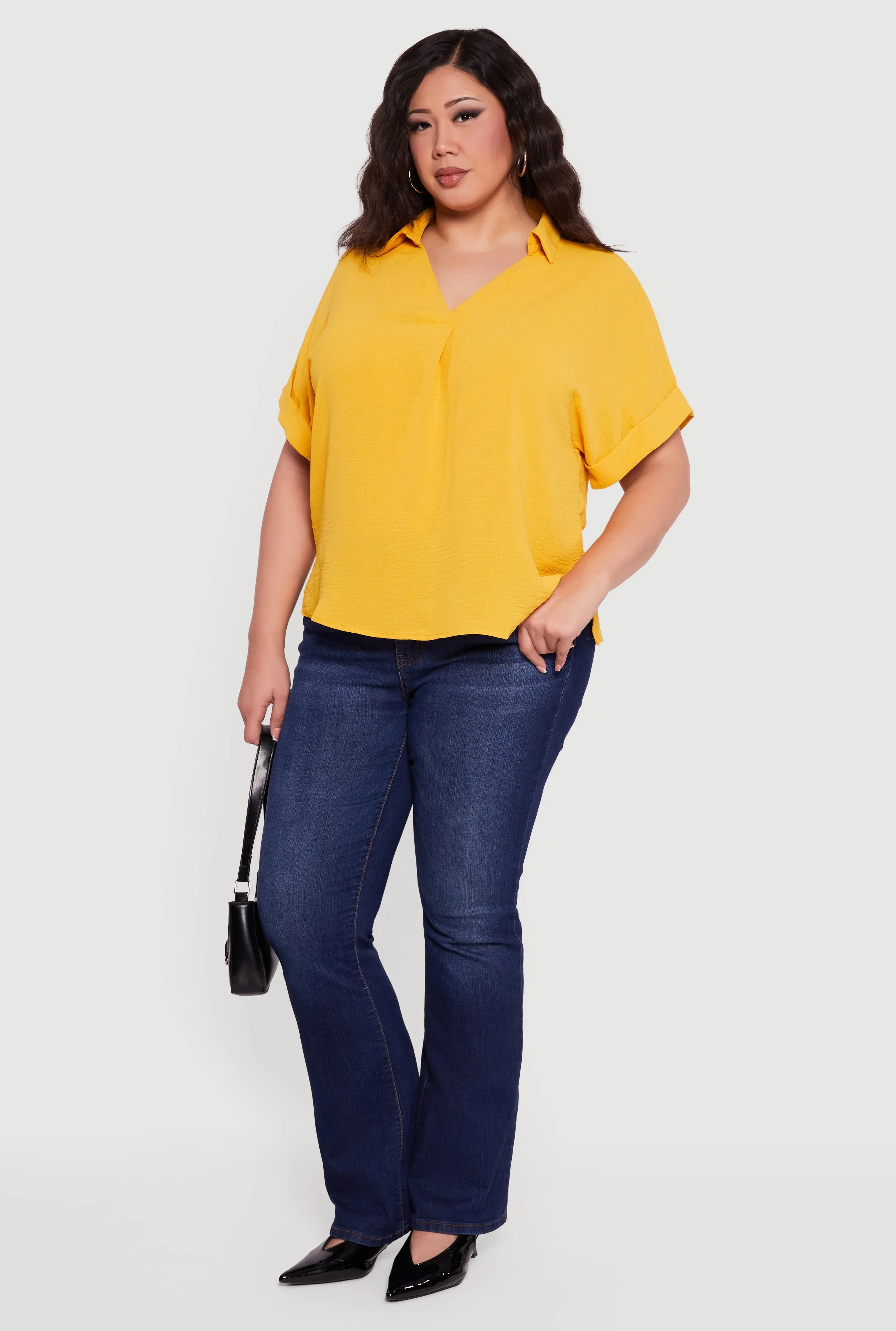 Plus Size Crepe Knit Collared Faux Button Back Blouse sold by Rainbow