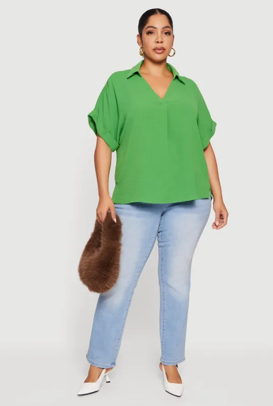 Plus Size Crepe Knit Collared Faux Button Back Blouse sold by Rainbow