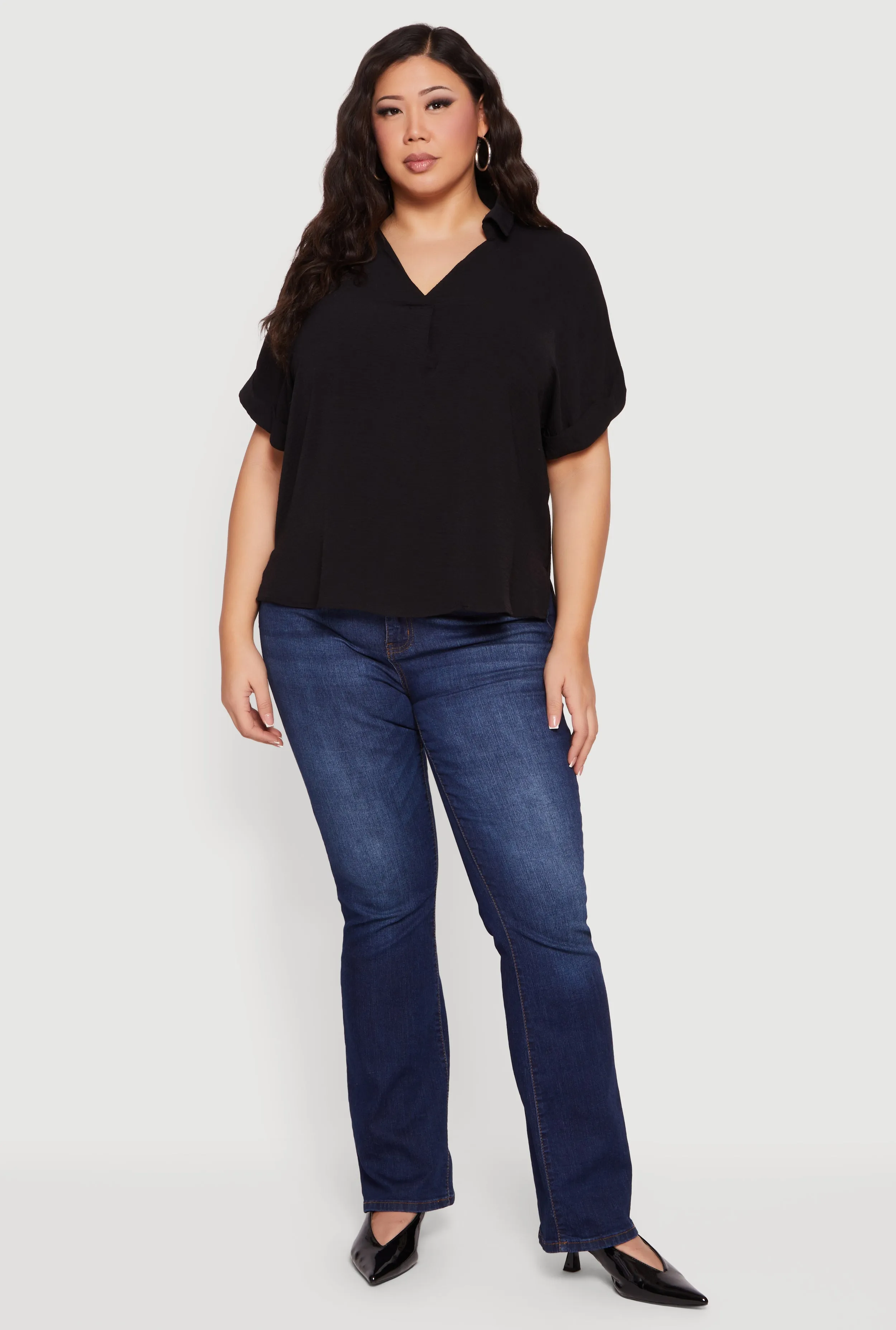 Plus Size Crepe Knit Collared Faux Button Back Blouse sold by Rainbow