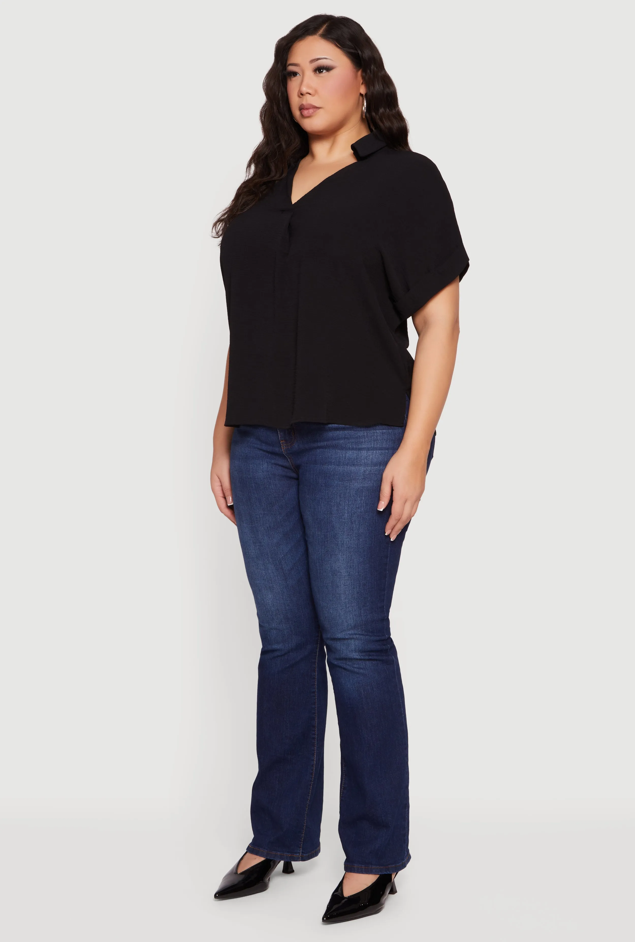 Plus Size Crepe Knit Collared Faux Button Back Blouse sold by Rainbow product image thumbnail 5