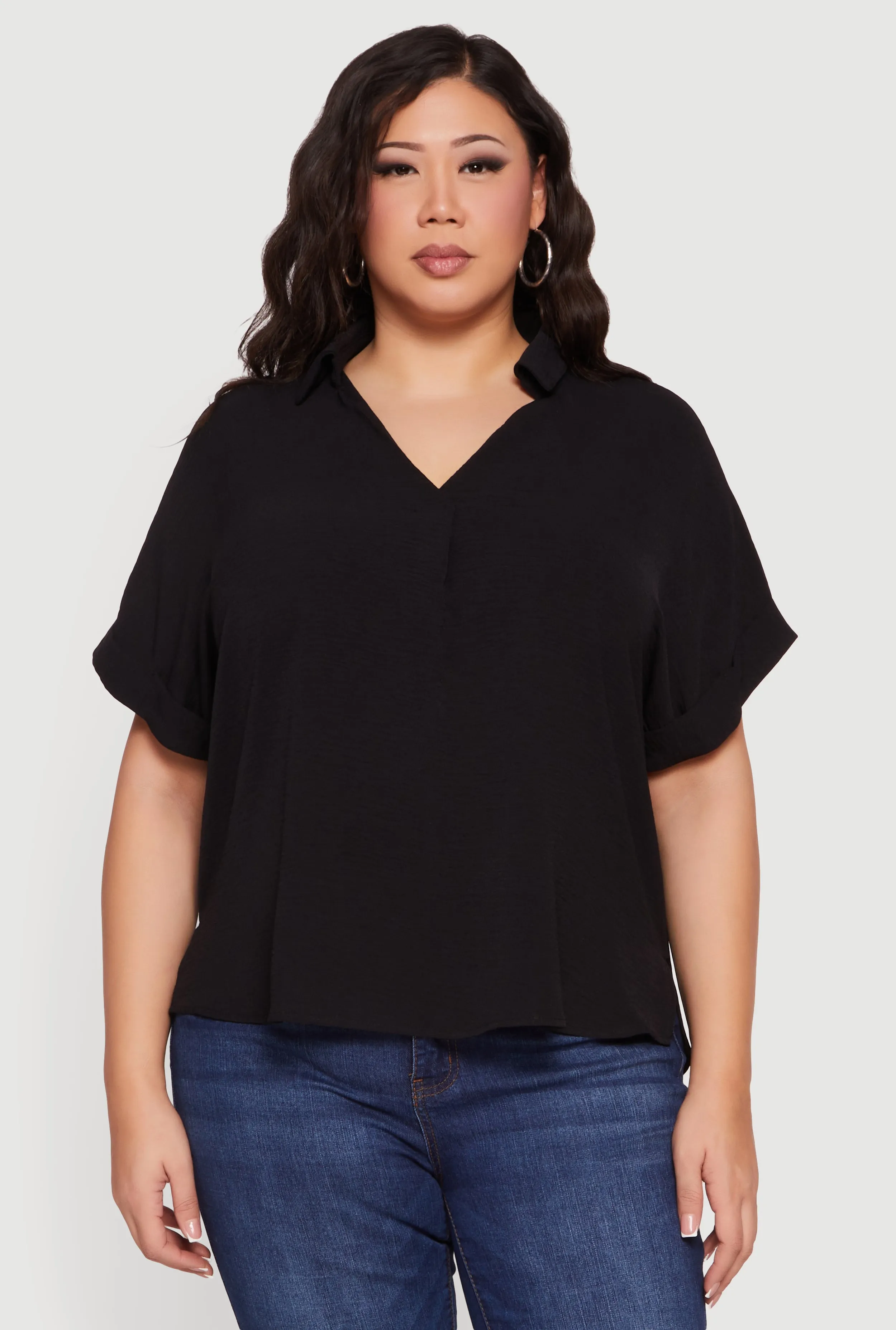 Plus Size Crepe Knit Collared Faux Button Back Blouse sold by Rainbow product image thumbnail 2