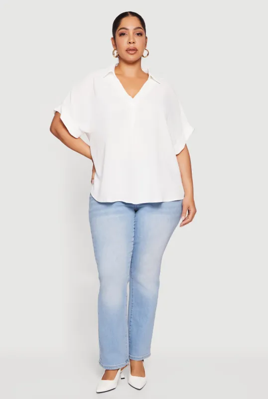 Plus Size Crepe Knit Collared Faux Button Back Blouse sold by Rainbow