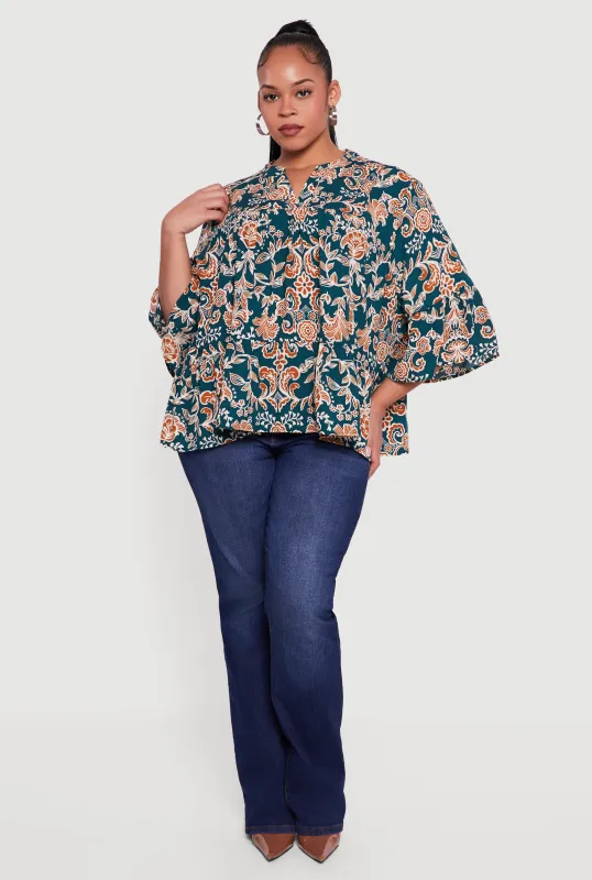Plus Size Patterned Notch Neck Blouse made by Rainbow