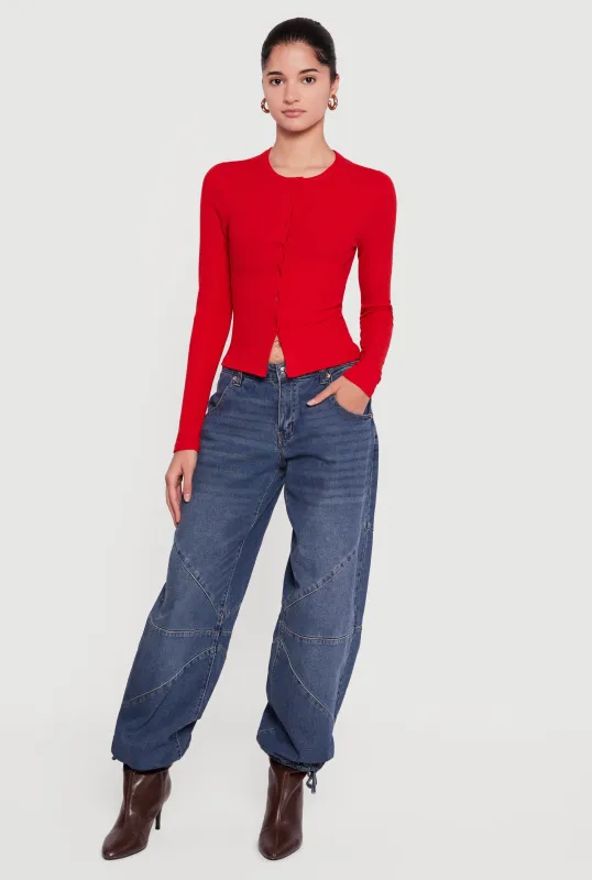 Ribbed Knit Button Front Long Sleeve Top sold by Rainbow