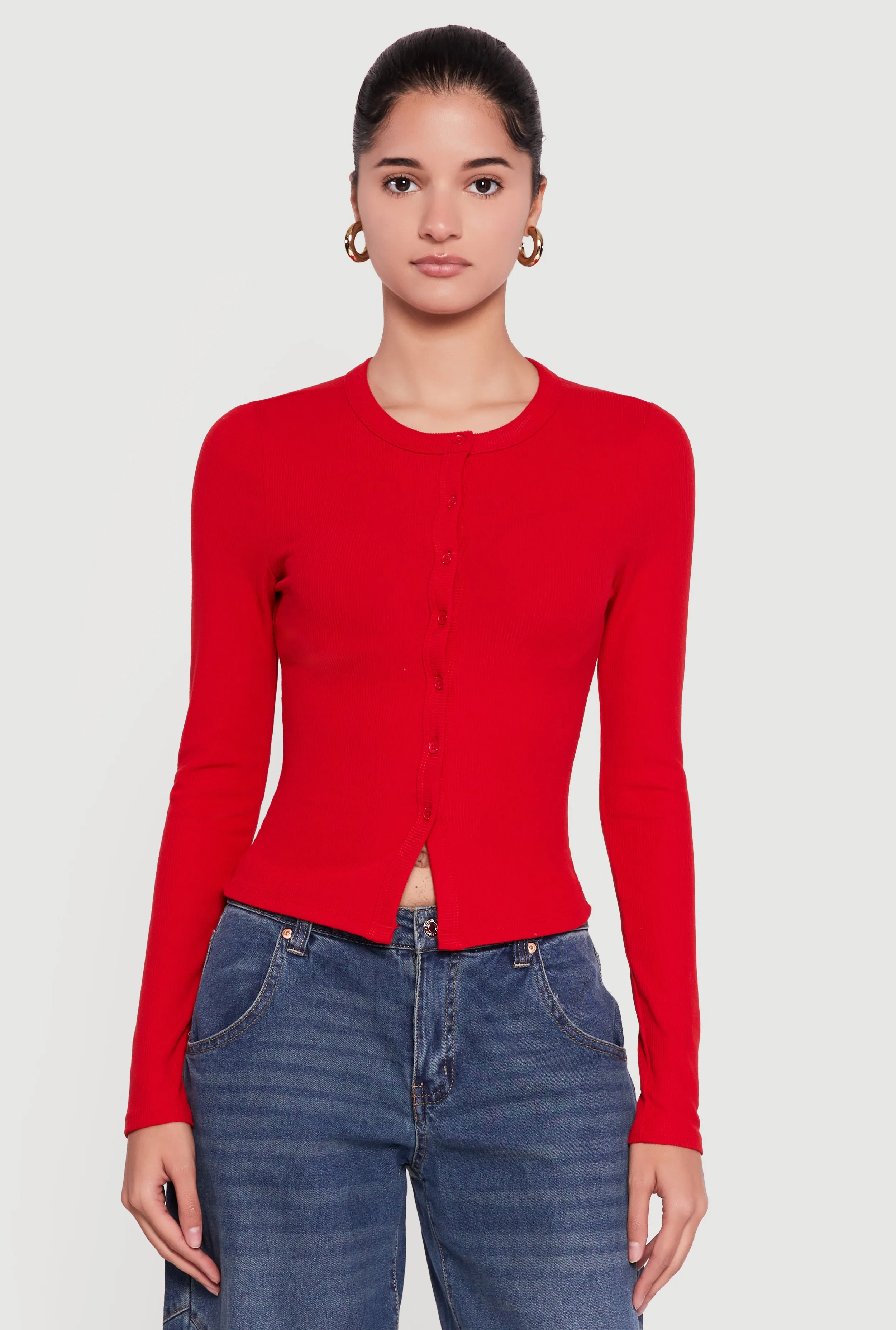 Ribbed Knit Button Front Long Sleeve Top sold by Rainbow product image thumbnail 2