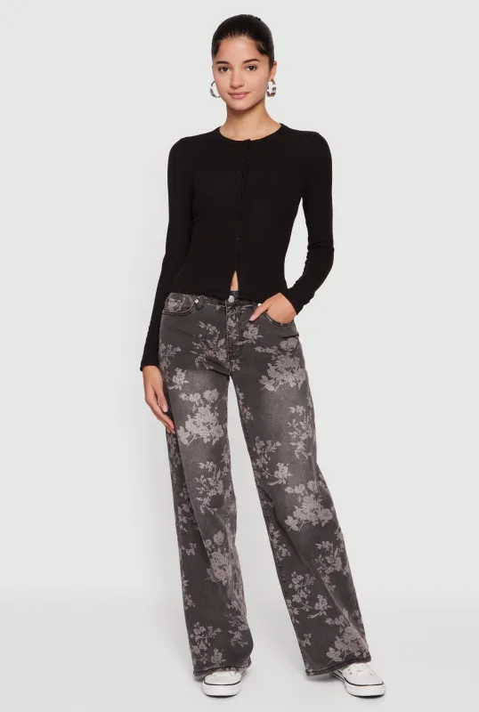 Ribbed Knit Button Front Long Sleeve Top sold by Rainbow