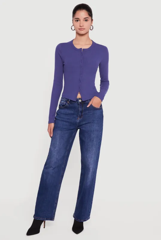 Ribbed Knit Button Front Long Sleeve Top made by Rainbow