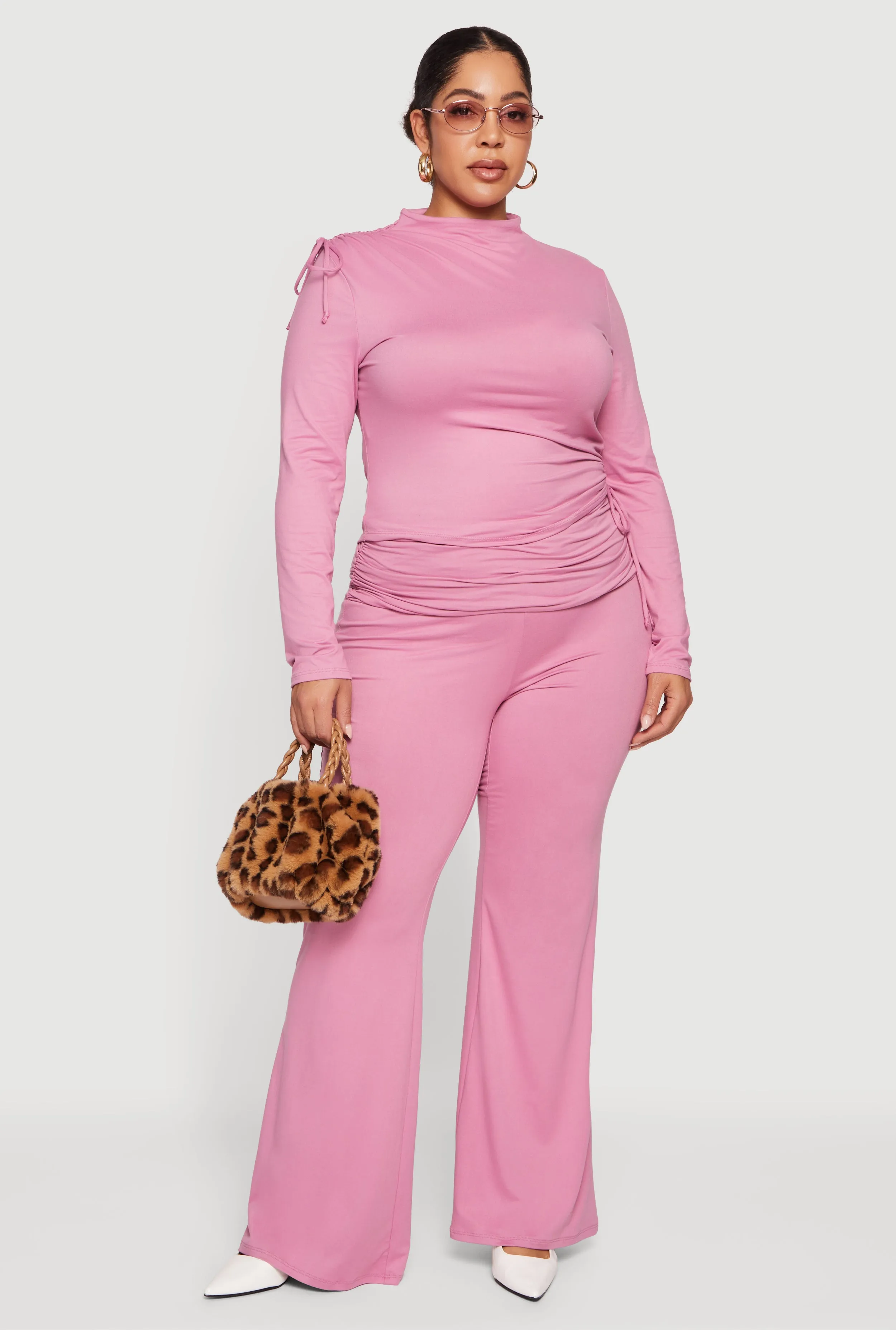 Plus Size Ruched Fold Over Flare Leg Pants sold by Rainbow