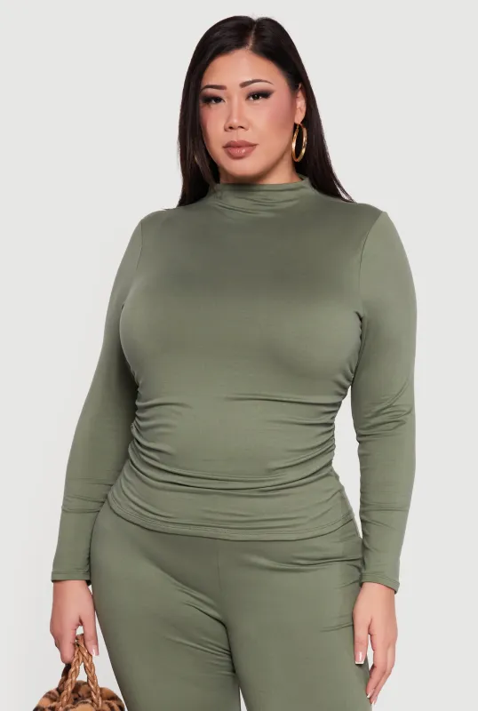 Plus Size Soft Knit Ruched Side Long Sleeve Mock Neck Top sold by Rainbow