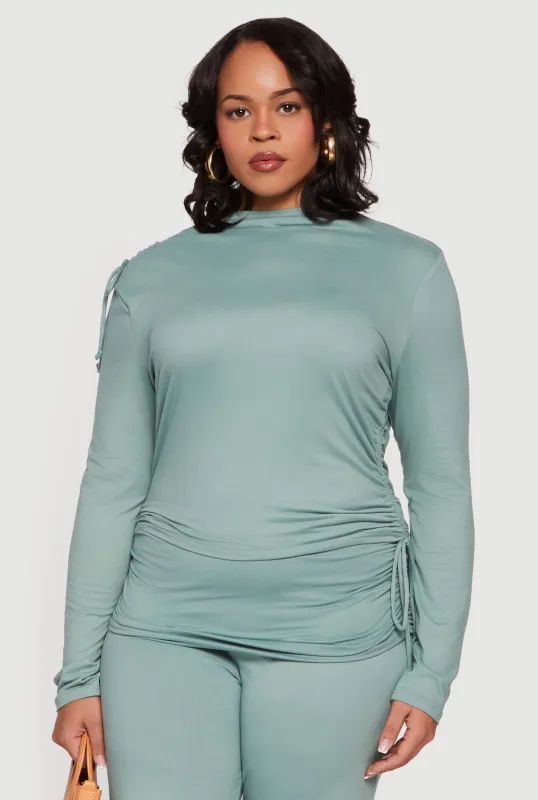 Plus Size Soft Knit Ruched Asymmetrical Mock Neck Top sold by Rainbow