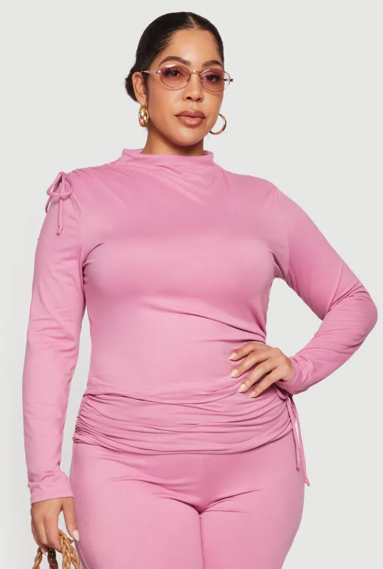 Plus Size Soft Knit Ruched Asymmetrical Mock Neck Top sold by Rainbow
