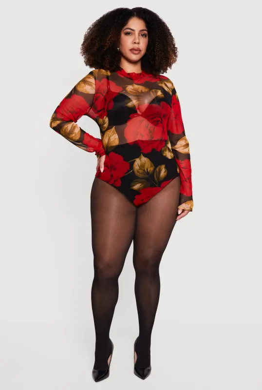 Plus Size Long Sleeve Mock Neck Patterned Mesh Bodysuit sold by Rainbow