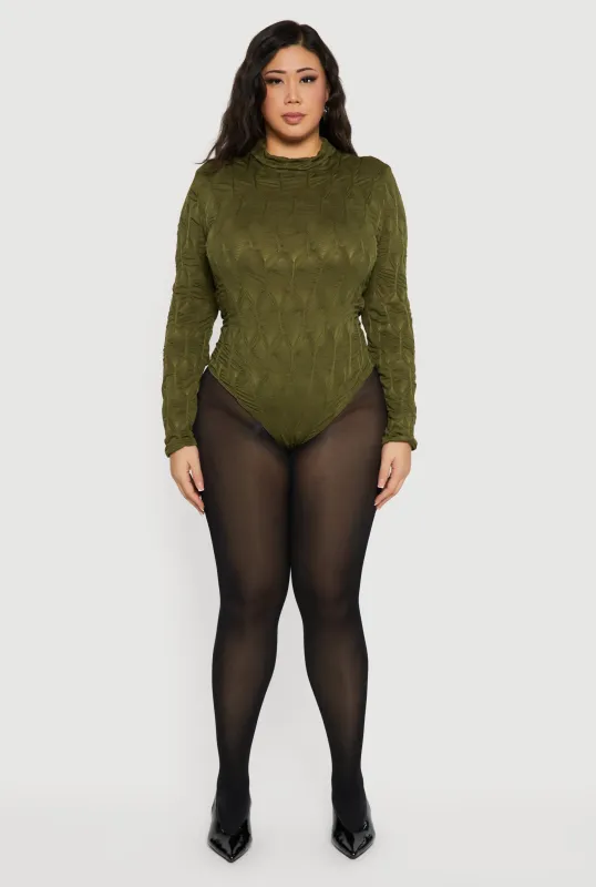 Plus Size Textured Knit Long Sleeve Mock Neck Bodysuit made by Rainbow