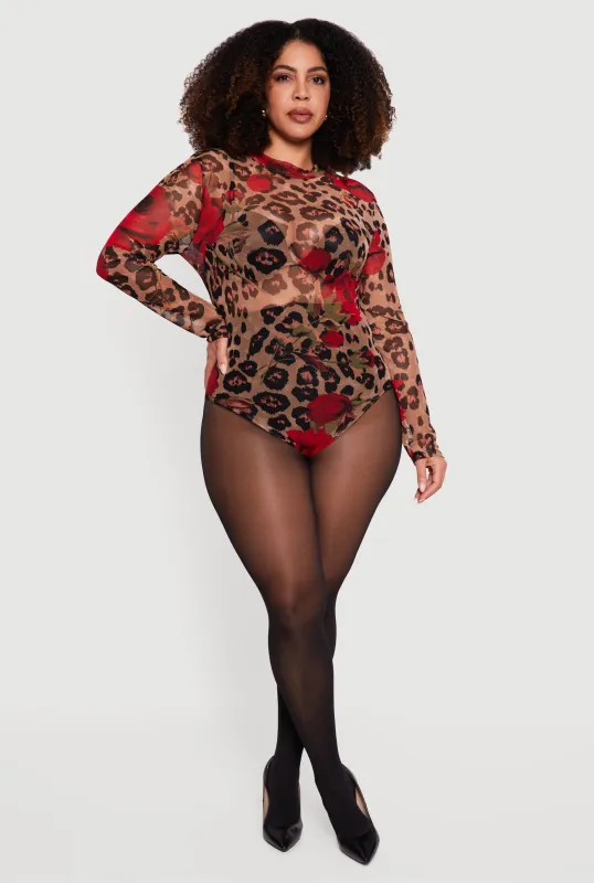Plus Size Long Sleeve Mock Neck Patterned Mesh Bodysuit sold by Rainbow