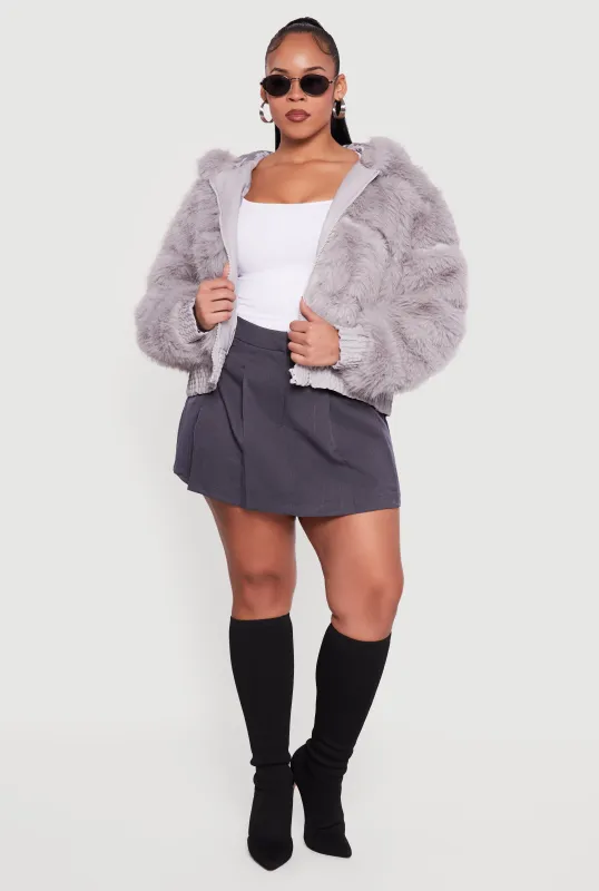 Plus Size Ribbed Faux Fur Cropped Zip Front Hooded Jacket sold by Rainbow