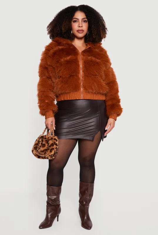 Plus Size Ribbed Faux Fur Cropped Zip Front Hooded Jacket sold by Rainbow