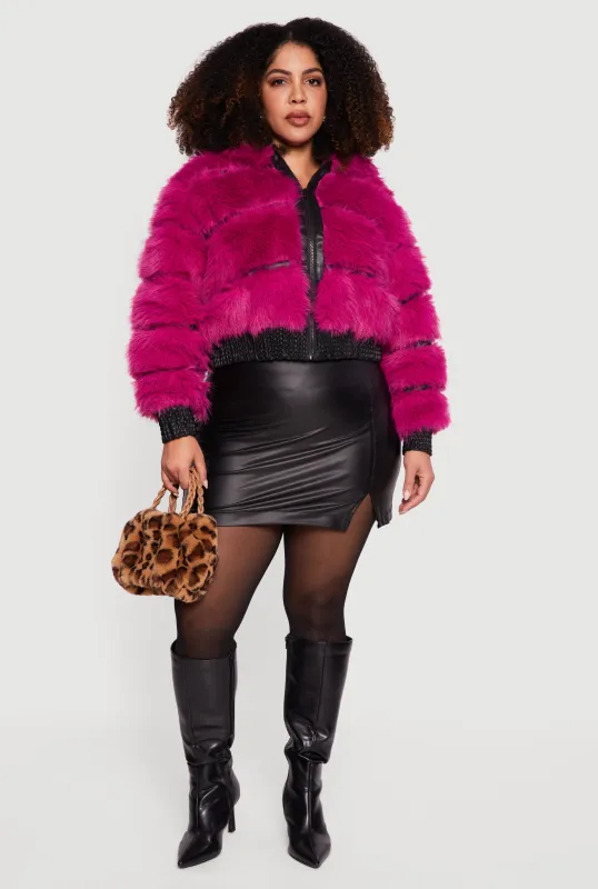 Plus Size Ribbed Faux Fur Cropped Zip Front Hooded Jacket sold by Rainbow