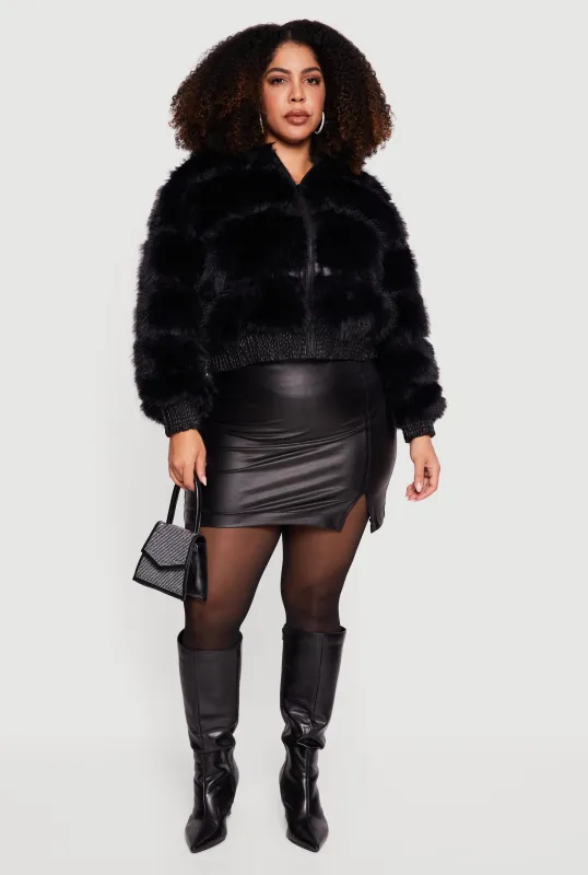 Plus Size Ribbed Faux Fur Cropped Zip Front Hooded Jacket sold by Rainbow