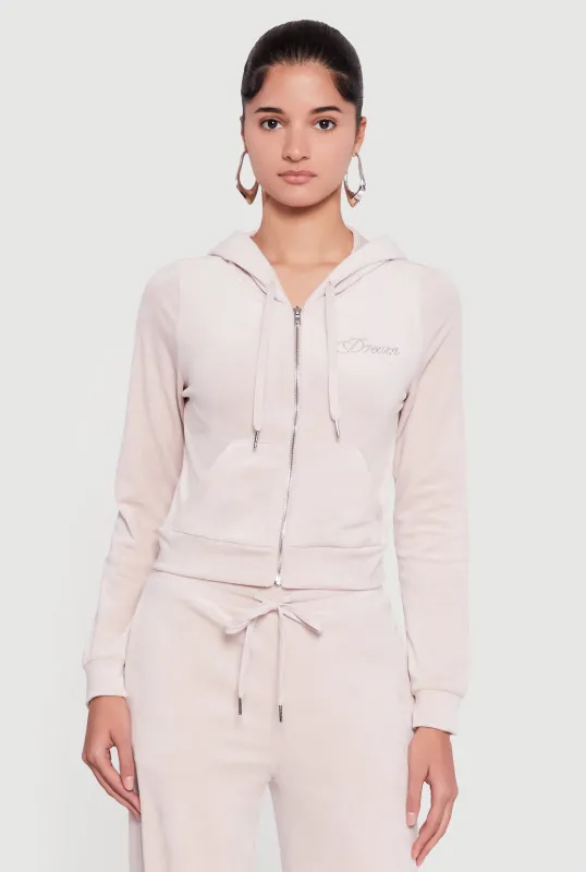 Velour Rhinestone Dream Graphic Zip Front Hoodie sold by Rainbow