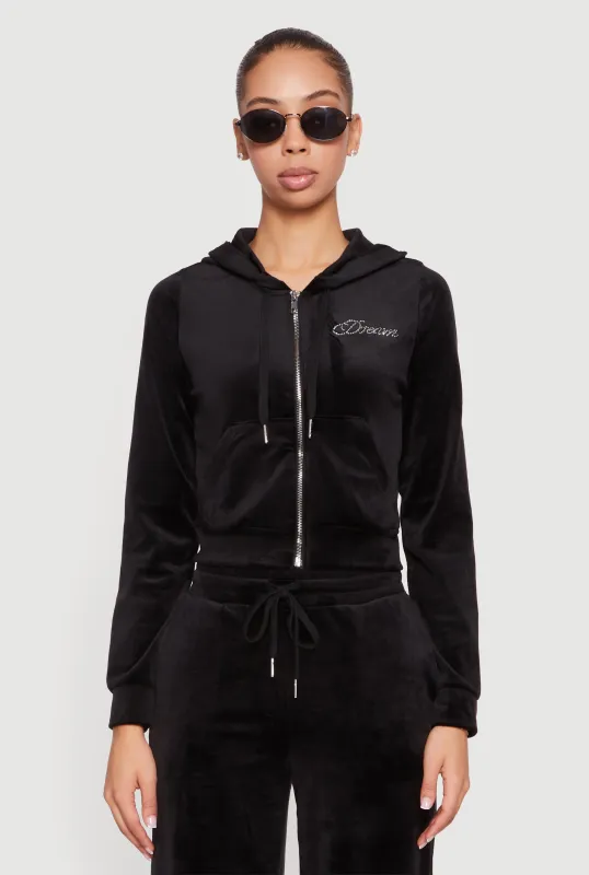 Velour Rhinestone Dream Graphic Zip Front Hoodie sold by Rainbow