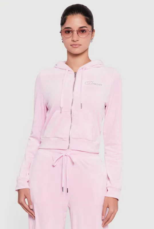 Velour Rhinestone Dream Graphic Zip Front Hoodie sold by Rainbow