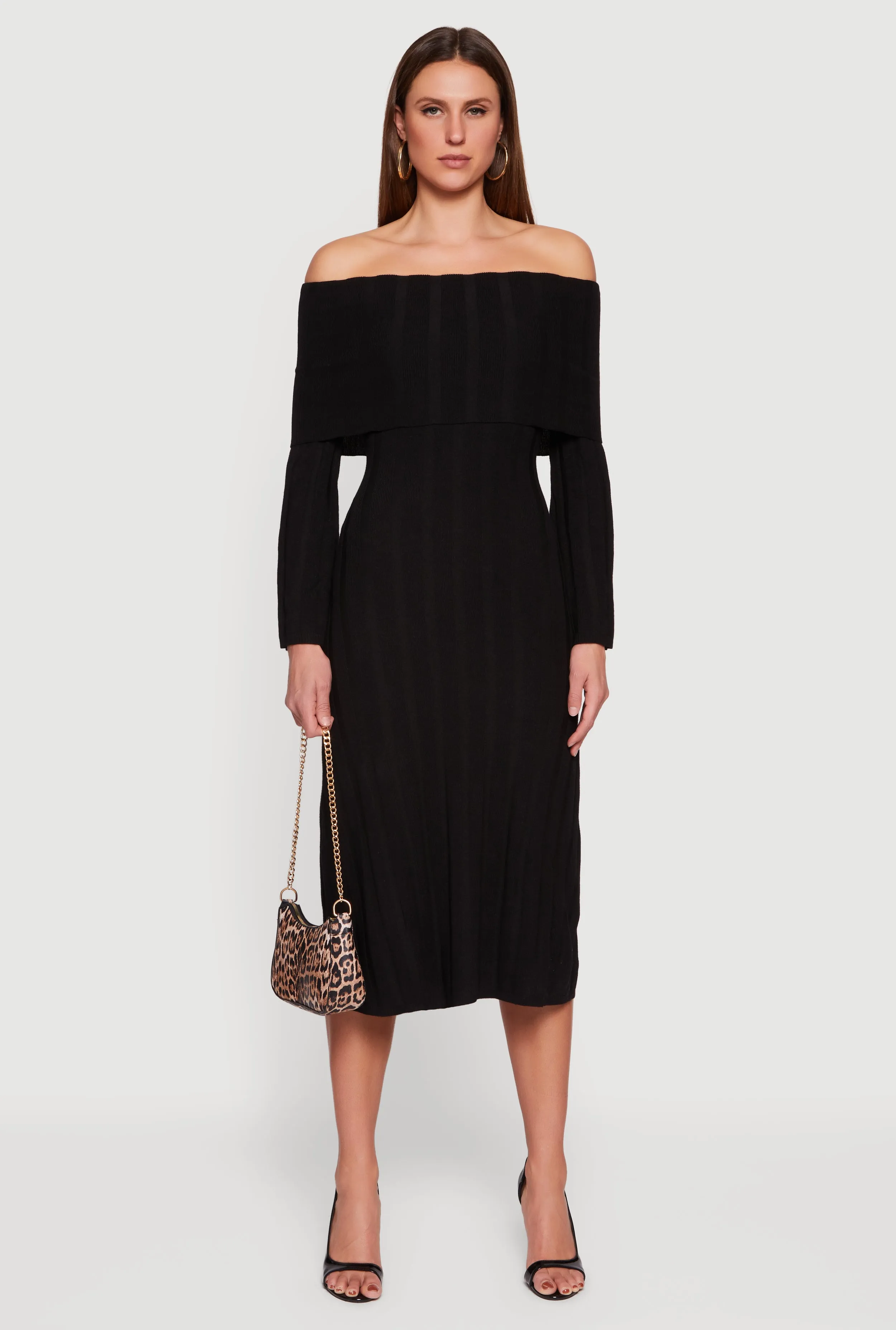 Fold Over Off the Shoulder Ribbed Knit Midi Dress sold by Rainbow product image thumbnail 2