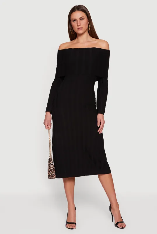 Fold Over Off the Shoulder Ribbed Knit Midi Dress sold by Rainbow